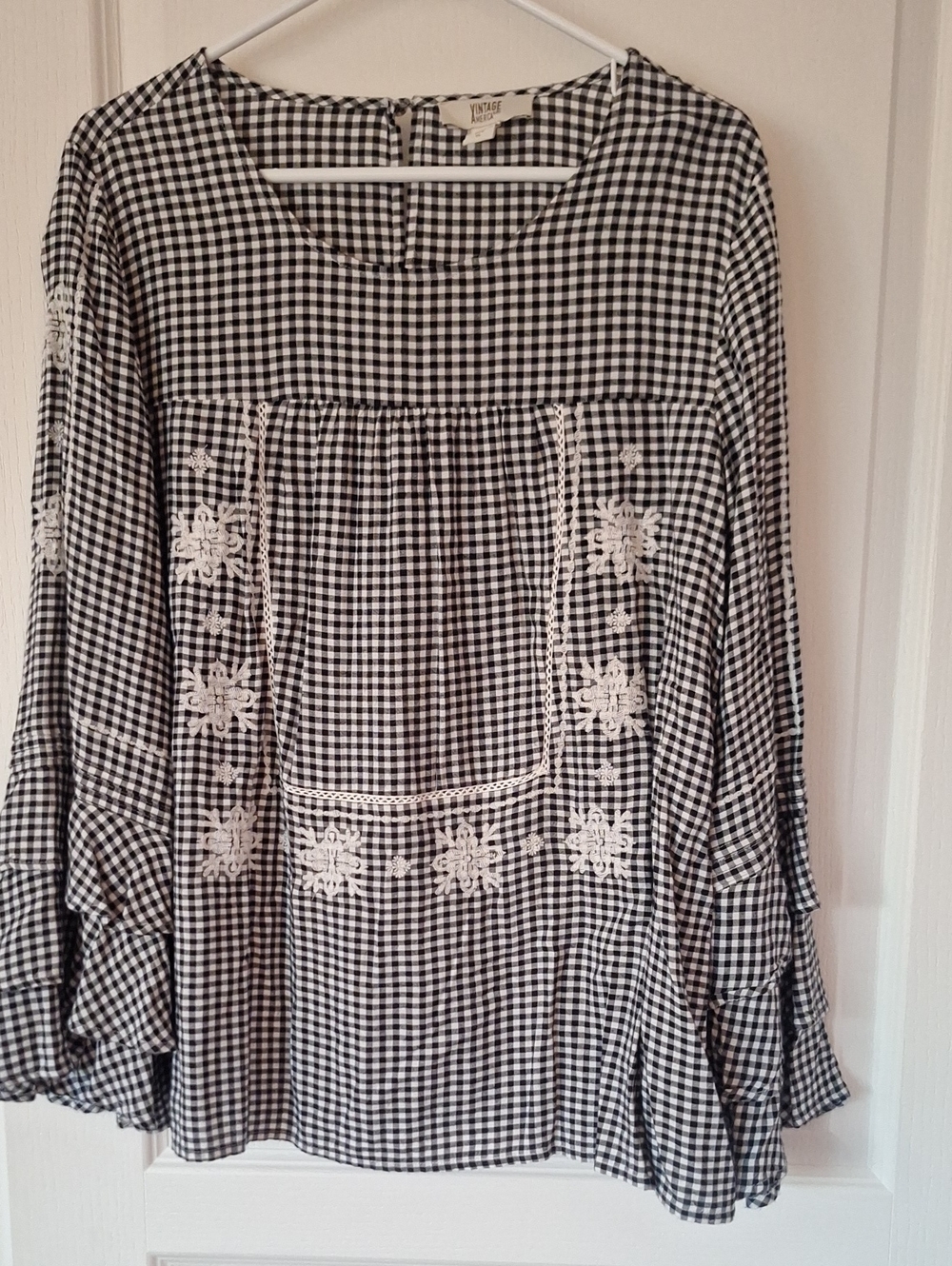 Violet & Claire Black and White Gingham Embroidered Peasant Tunic